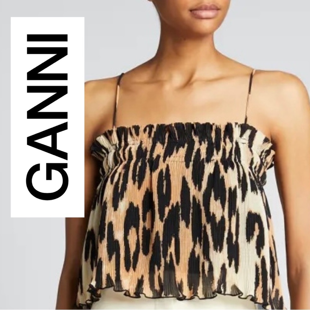 Ganni Leopard Print Crop Top - Black and Tan